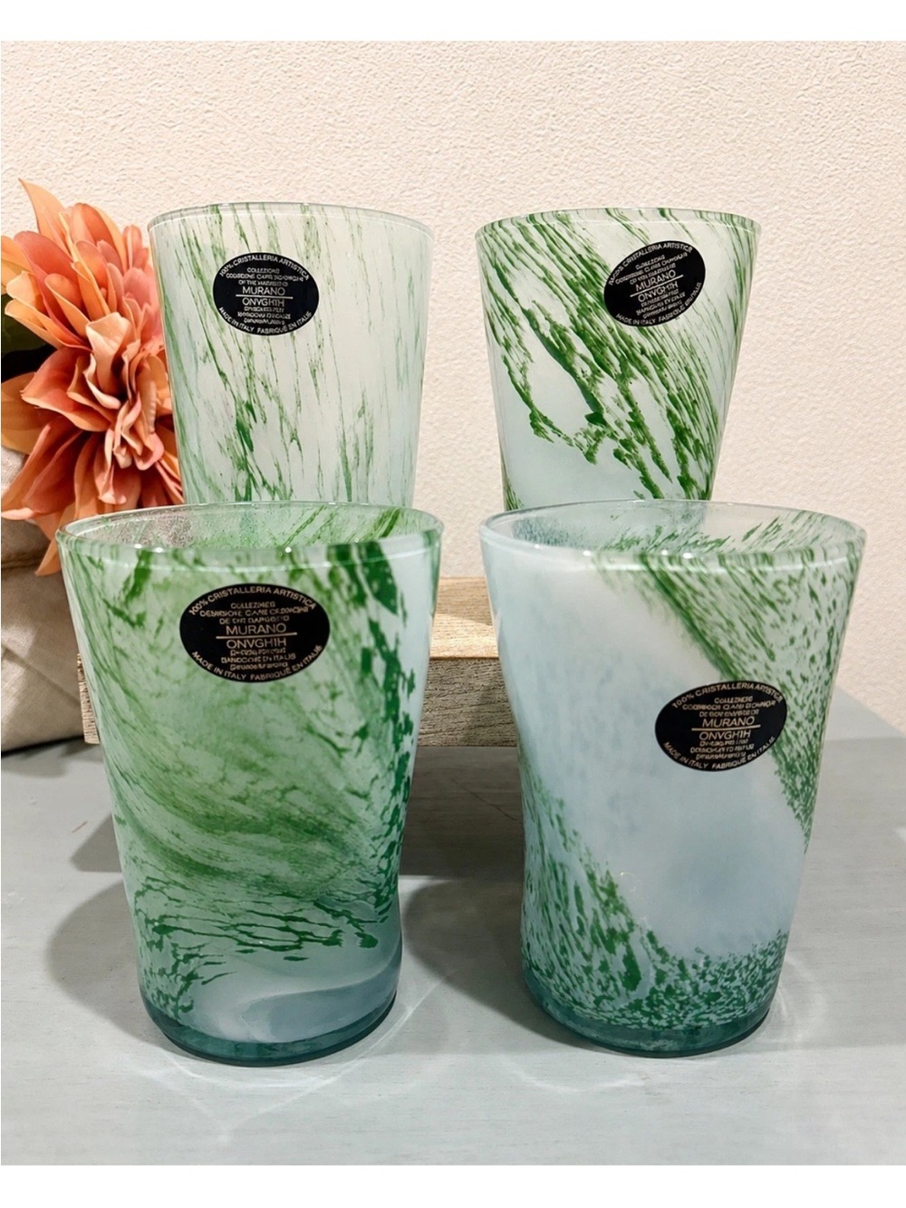 Murano Glass Tumbler Set 4 Green Hand Blown Drinking Glasses 4 7/8in
Italy